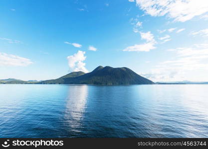 Beautiful seascape along Pacific coast of British Columbia, Canada, with rocky shoreline.