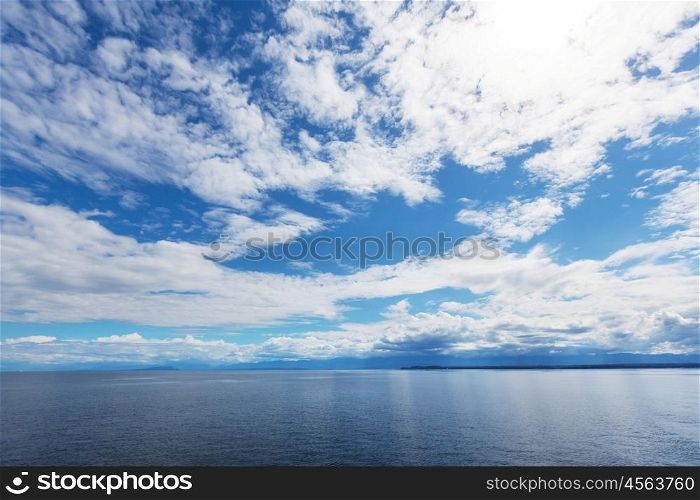 Beautiful seascape along Pacific coast of British Columbia, Canada, with rocky shoreline.