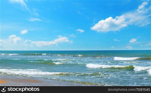 Beautiful seascape and blue sky. Sand beach. Picturesque and gorgeous scene.