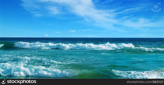 Beautiful seascape and blue sky. Sand beach. The concept is travel. Wide photo.