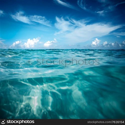 Beautiful seascape background, amazing view of transparent turquoise water and blue sky, good warm sunny day, summer vacation on the beach