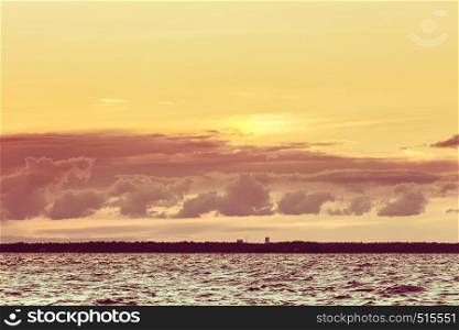 Beautiful seascape evening Baltic sea sunset horizon and cloudy sky. Tranquil landscape scene.