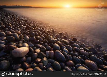 Beautiful seascape nature composition. Round rocks on the sea sto≠s shore