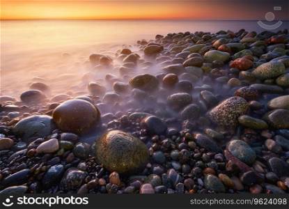 Beautiful seascape nature composition. Round rocks on the sea stones shore
