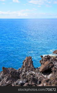 Beautiful seascape rocks and sea horizon, natural photo background, copyspace composition