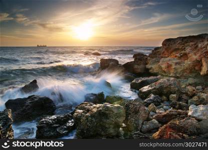 Beautiful seascape. Sea and rock at the sunset. Nature composition.. Beautiful seascape