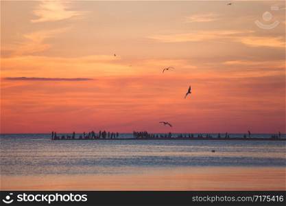 Beautiful seascape with people watching the sunset over the sea.. Beautiful seascape with people watching the sunset over the sea