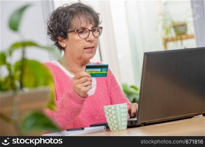 beautiful senior brunette woman shopping with internet