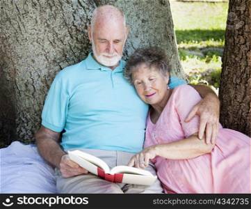 Beautiful senior couple reading together outdoors.