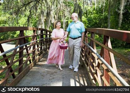 Beautiful senior couple with picnic basket, on Florida vacation.