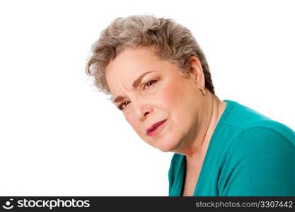 Beautiful senior old woman with confused expression and gray hair, isolated.