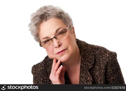 Beautiful senior woman with gray hair thinking about future and hand on cheek wearing glasses, isolated.