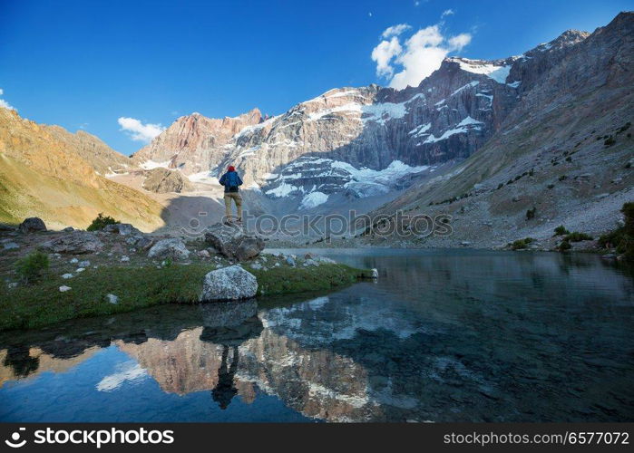 Beautiful serene lake in  Fann mountains  branch of Pamir  in Tajikistan.