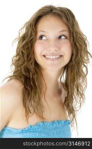 Beautiful seventeen year old girl with long curly hair and blue contacts.