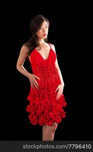 Beautiful sexy Asian woman in a crochet red dress, isolated