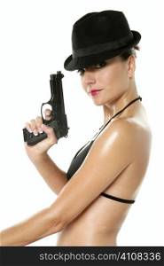 Beautiful sexy bikini woman with black gun isolated on white