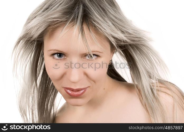 Beautiful sexy girl with tousled hair on white