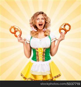 Beautiful sexy indignant Oktoberfest woman wearing a traditional Bavarian dress dirndl holding two pretzels, showing aggressive grimace on colorful abstract cartoon style background.