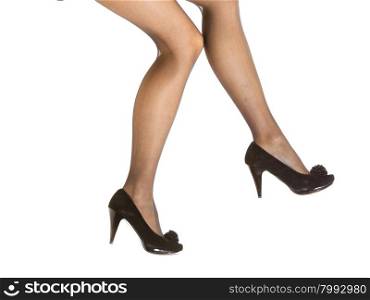 Beautiful sexy long woman legs in nice black pantyhose high heels isolated on white background