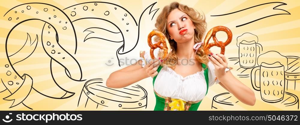 Beautiful sexy offended waitress wearing a traditional Bavarian dress dirndl holding two pretzels, pouting on sketchy Oktoberfest background. Facebook size format.