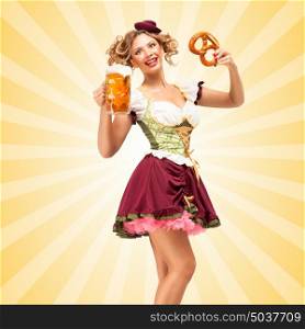Beautiful sexy Oktoberfest waitress wearing a traditional Bavarian dress dirndl holding a pretzel and beer mug, and laughing happily on colorful abstract cartoon style background.