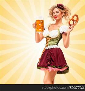 Beautiful sexy Oktoberfest waitress wearing a traditional Bavarian dress dirndl holding a pretzel and beer mug, and smiling happily on colorful abstract cartoon style background.