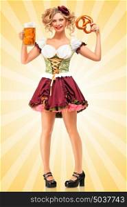 Beautiful sexy Oktoberfest waitress wearing a traditional Bavarian dress dirndl holding a pretzel and beer mug, and smiling happily on colorful abstract cartoon style background.