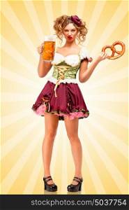 Beautiful sexy Oktoberfest waitress wearing a traditional Bavarian dress dirndl holding a pretzel and beer mug, and making grimaces of contempt on colorful abstract cartoon style background.
