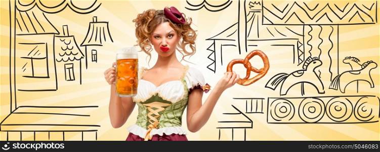 Beautiful sexy Oktoberfest waitress wearing a traditional Bavarian dress dirndl holding a pretzel and beer mug, and making grimaces of contempt on sketchy carousel background. Facebook size format.