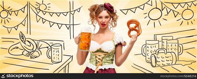 Beautiful sexy Oktoberfest waitress wearing a traditional Bavarian dress dirndl holding a pretzel and beer mug, and making grimaces of contempt on sketchy beer tent with drunk tourist background. Facebook size format.