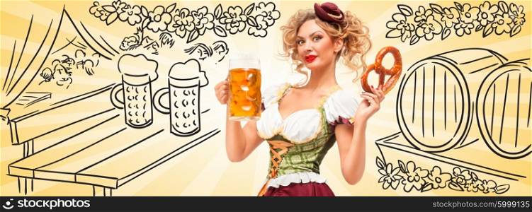 Beautiful sexy Oktoberfest waitress wearing a traditional Bavarian dress dirndl holding a pretzel and beer mug, and smiling happily on sketchy beer barrels background. Facebook size format.
