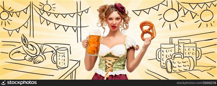 Beautiful sexy Oktoberfest waitress wearing a traditional Bavarian dress dirndl holding a pretzel and beer mug, and making grimaces of contempt on sketchy beer tent with drunk tourist background. Facebook size format.