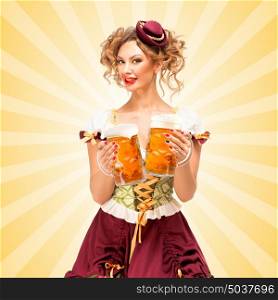 Beautiful sexy Oktoberfest waitress, wearing a traditional Bavarian dress dirndl, serving two big beer mugs in a tavern on colorful abstract cartoon style background.