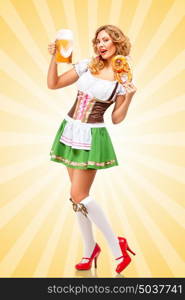 Beautiful sexy Oktoberfest woman wearing a traditional Bavarian dress dirndl holding a pretzel and beer mug in hands on colorful abstract cartoon style background.