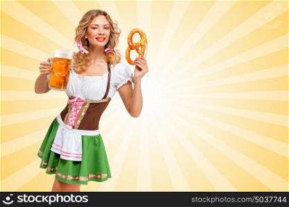 Beautiful sexy Oktoberfest woman wearing a traditional Bavarian dress dirndl holding a pretzel and beer mug in hands on colorful abstract cartoon style background.