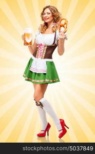 Beautiful sexy Oktoberfest woman wearing a traditional Bavarian dress dirndl holding a pretzel and beer mug in hands on colorful abstract cartoon style background.