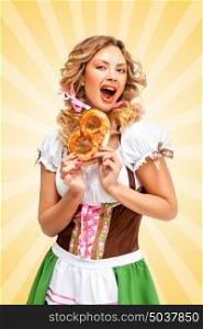 Beautiful sexy Oktoberfest woman wearing a traditional Bavarian dress dirndl holding a pretzel in hands on colorful abstract cartoon style background.
