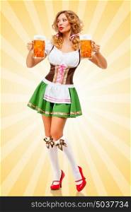 Beautiful sexy Oktoberfest woman wearing a traditional Bavarian dress dirndl looking aside with two beer mugs on colorful abstract cartoon style background.