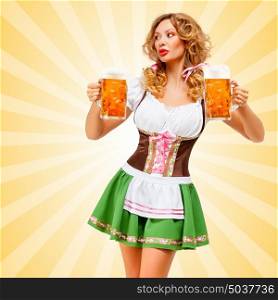 Beautiful sexy Oktoberfest woman wearing a traditional Bavarian dress dirndl looking aside with two beer mugs on colorful abstract cartoon style background.