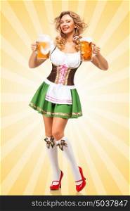 Beautiful sexy Oktoberfest woman wearing a traditional Bavarian dress dirndl serving two beer mugs on colorful abstract cartoon style background and smiling.