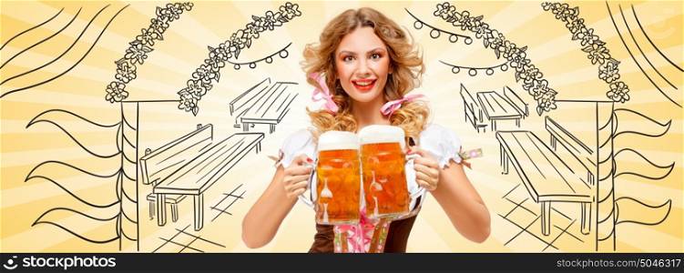 Beautiful sexy Oktoberfest woman wearing a traditional Bavarian dress dirndl serving two beer mugs with happy smile on sketchy Oktoberfest tent entrance background. Facebook size format.