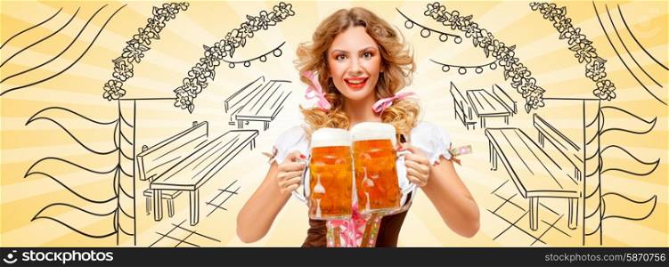 Beautiful sexy Oktoberfest woman wearing a traditional Bavarian dress dirndl serving two beer mugs with happy smile on sketchy Oktoberfest tent entrance background.