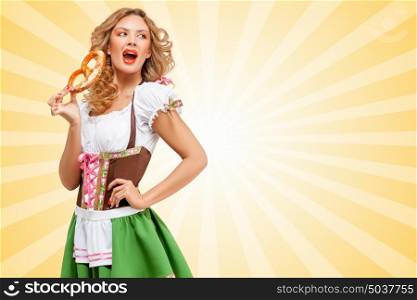 Beautiful sexy Oktoberfest woman wearing a traditional Bavarian dress dirndl with open mouth eating a pretzel on colorful abstract cartoon style background.