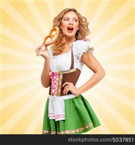 Beautiful sexy Oktoberfest woman wearing a traditional Bavarian dress dirndl with open mouth eating a pretzel on colorful abstract cartoon style background.
