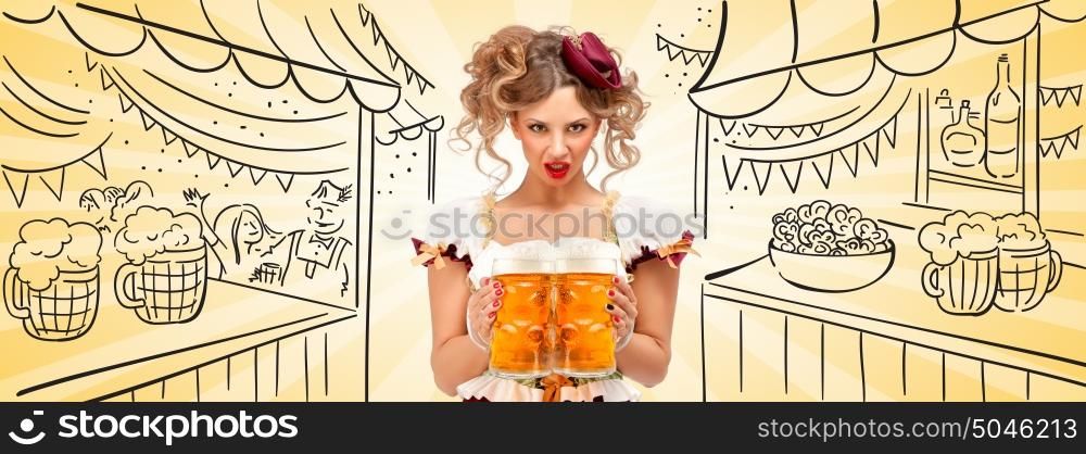 Beautiful sexy waitress wearing a traditional Bavarian dress dirndl, serving two big beer mugs on sketchy Oktoberfest background. Facebook size format.