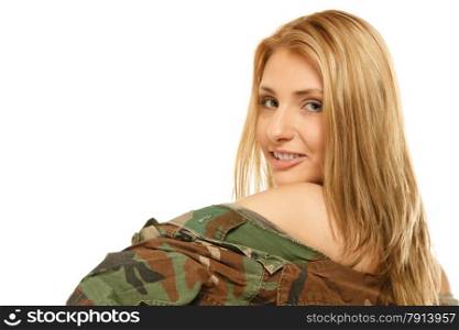Beautiful sexy woman in military clothes fit army girl isolated on white