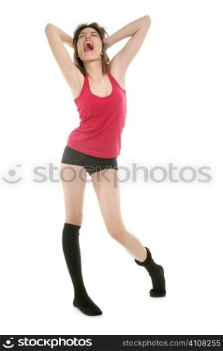 Beautiful sexy woman in red dancing on studio white background