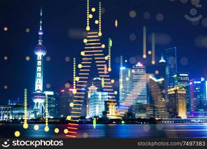 Beautiful Shanghai Pudong skyline at night with financial chart state blend in effect .