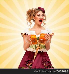 Beautiful shocked sexy Oktoberfest waitress wearing a traditional Bavarian dress dirndl serving two beer mugs on colorful abstract cartoon style background.