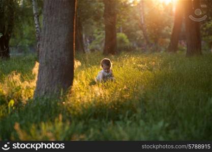 Beautiful shot of playing baby in sunset lights